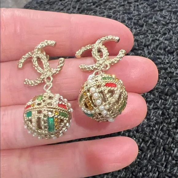 CHANEL Gold-Tone Double C Drop Earrings with Multicolor Enamel and Pearl Accents - Picture 4 of 15